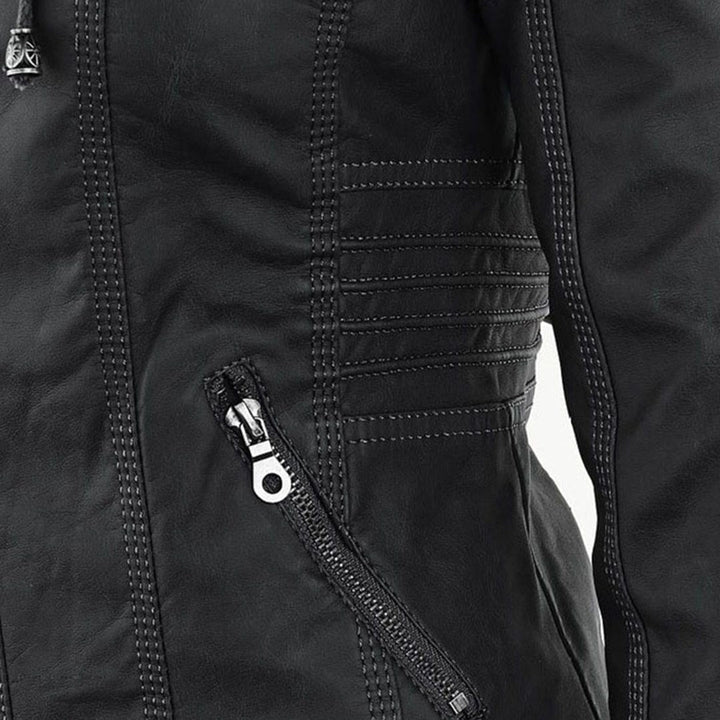 Leather Women's Jacket with Hood and Zipper