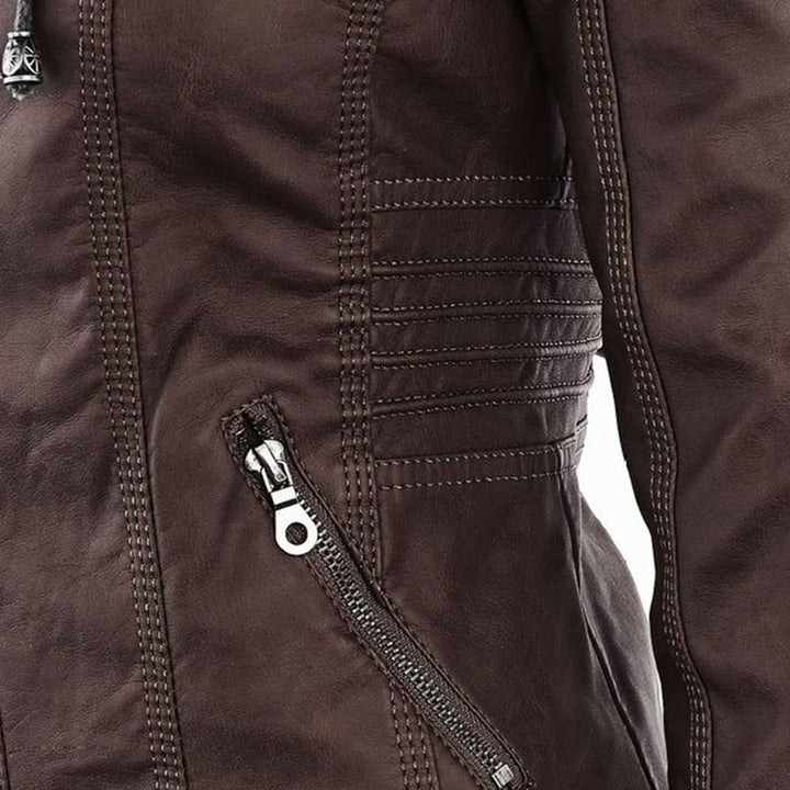 Leather Women's Jacket with Hood and Zipper