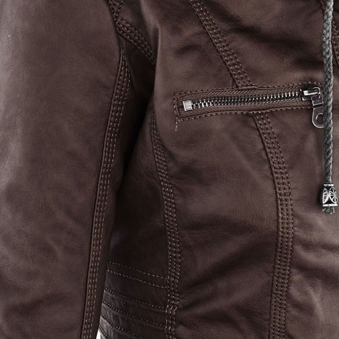 Leather Women's Jacket with Hood and Zipper
