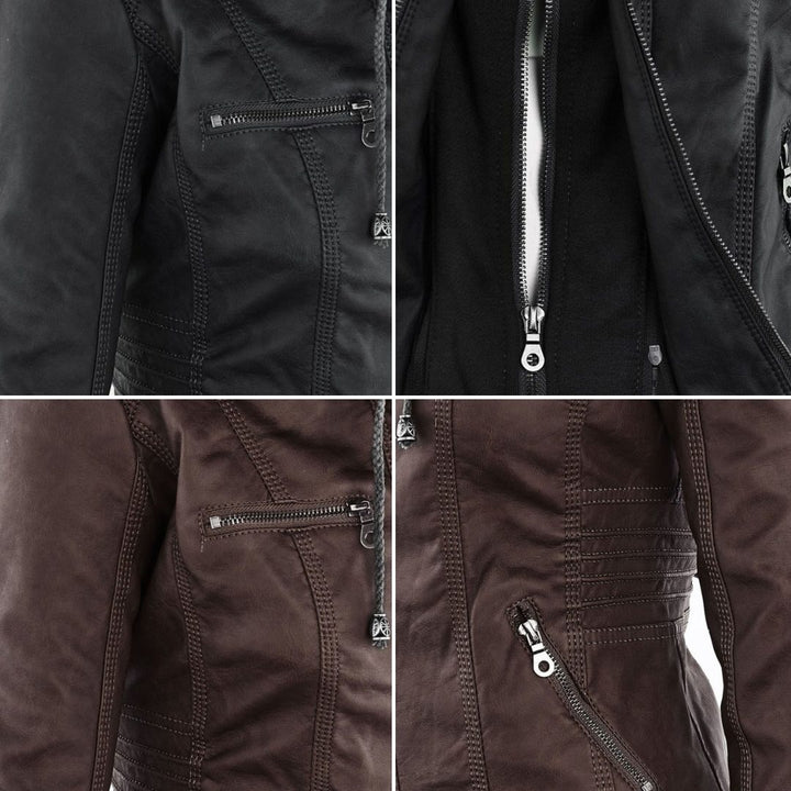 Leather Women's Jacket with Hood and Zipper