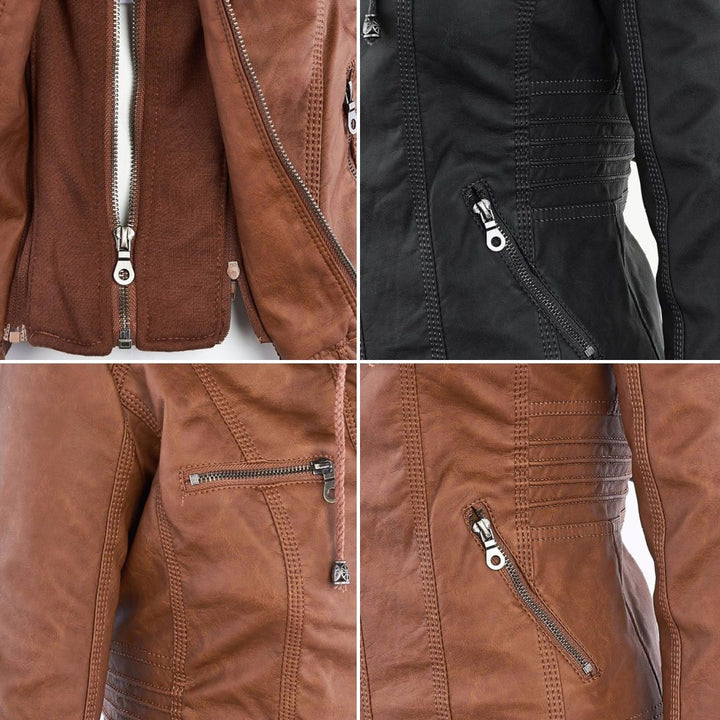 Leather Women's Jacket with Hood and Zipper