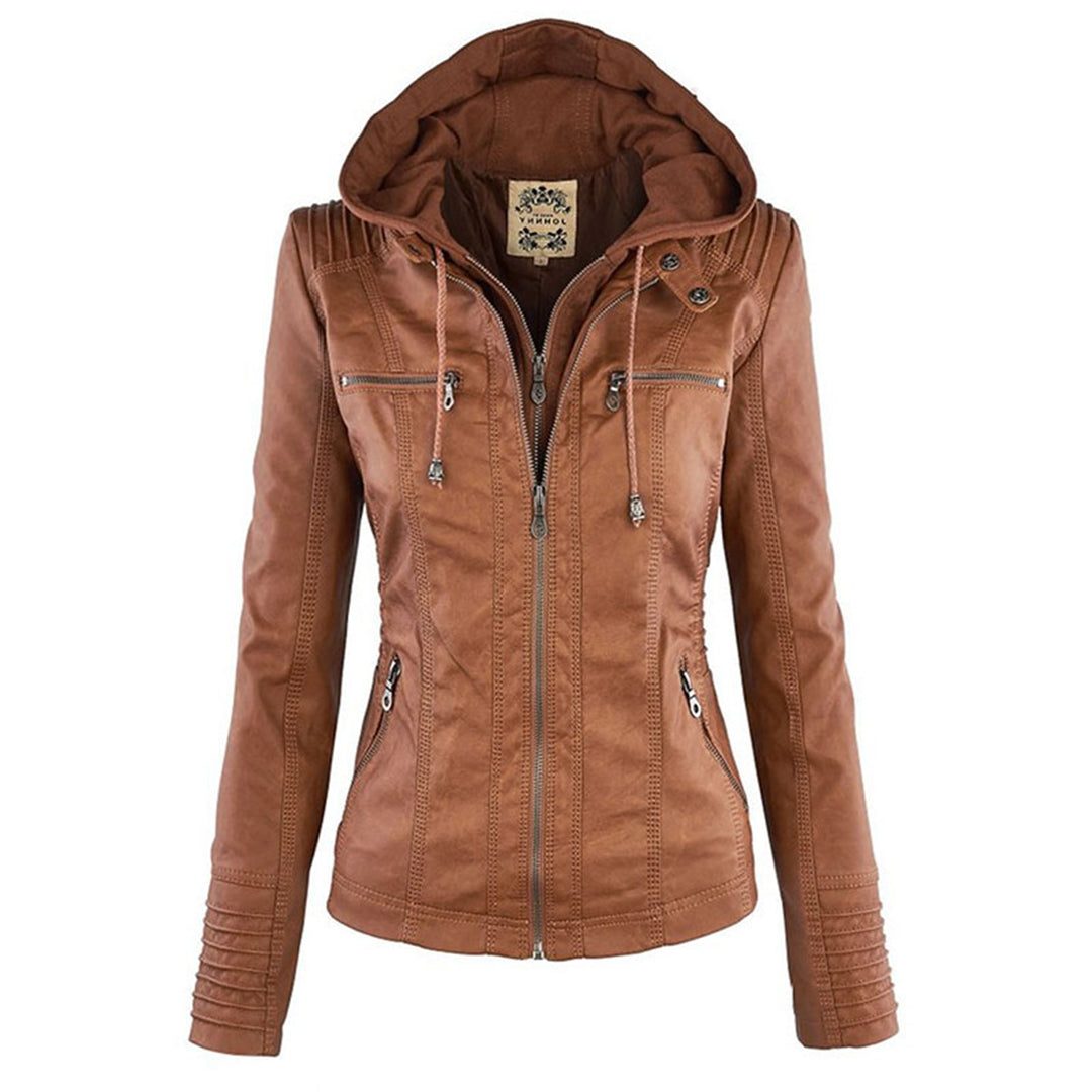 Leather Women's Jacket with Hood and Zipper