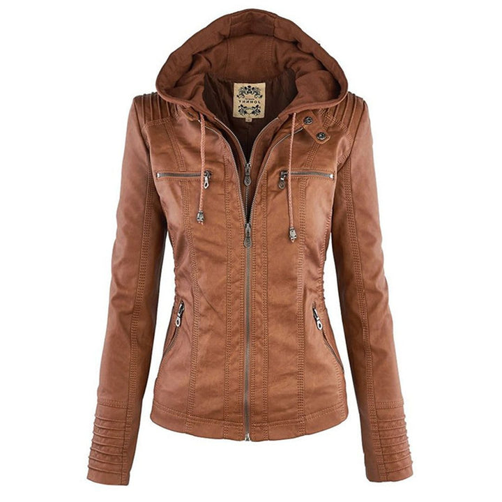 Leather Women's Jacket with Hood and Zipper