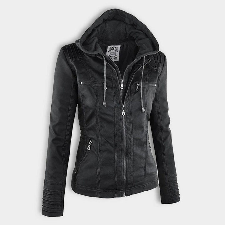 Leather Women's Jacket with Hood and Zipper
