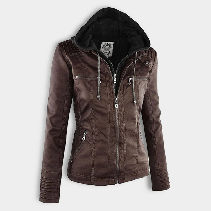 Leather Women's Jacket with Hood and Zipper