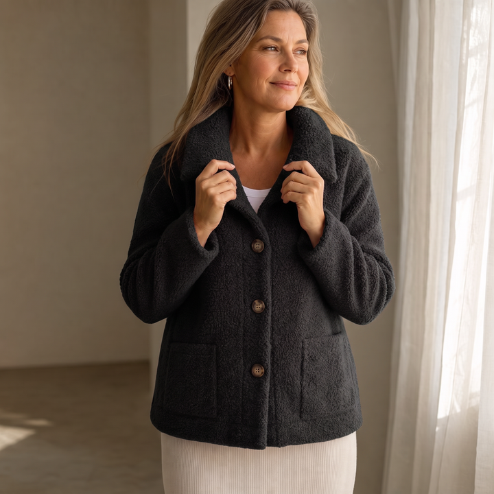 Ariane Curly Faux-Fur Button-Front Jacket - Elena Harper