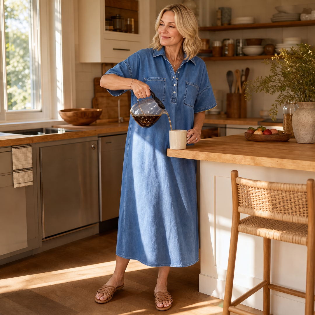 Easewell Lightweight Denim-Look Midi Shirt Dress - Elena Harper