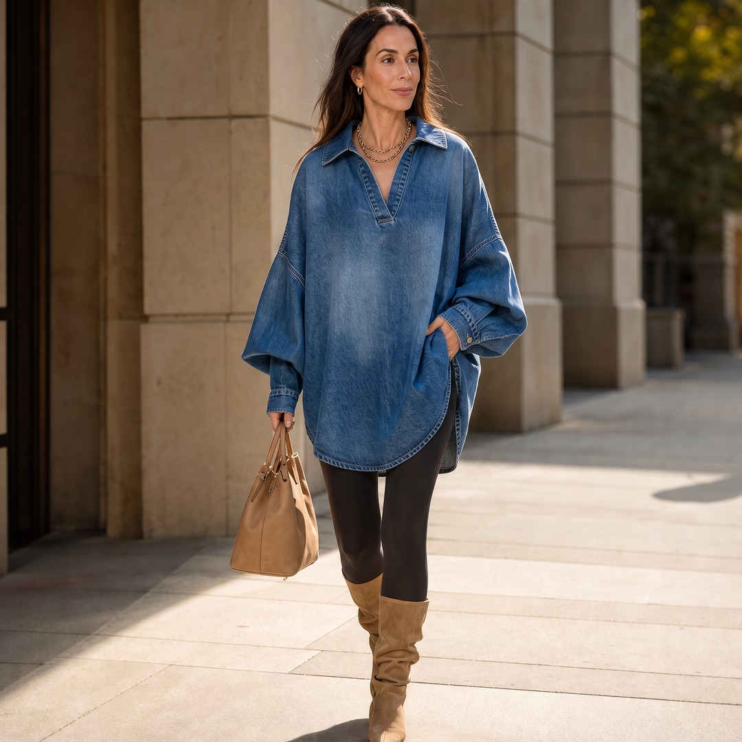 Denimelle Soft-Washed Batwing Denim Tunic - Elena Harper