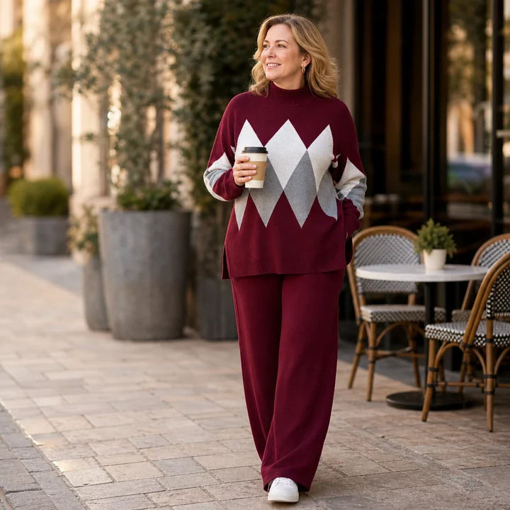 Argyle Ease Argyle Knit Sweater And Wide-Leg Trouser Set - Elena Harper