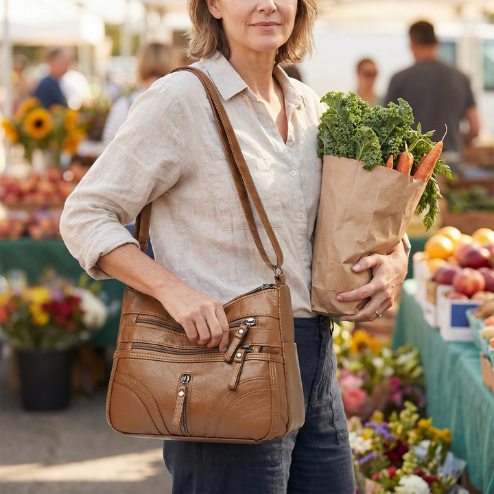 Caressa Soft Leather Multi Pocket Crossbody Bag - Elena Harper