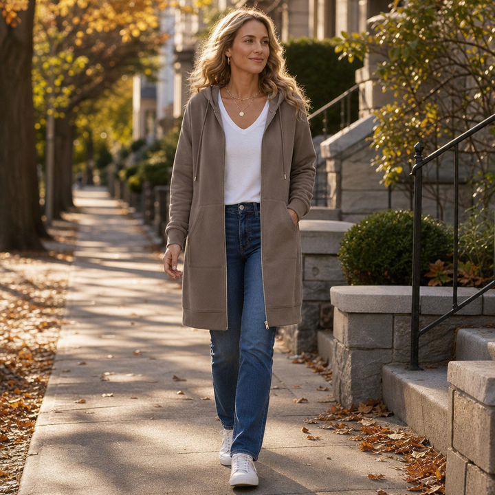 Coziluxe Zip-Front Hooded Mid-Length Knit Cardigan - Elena Harper