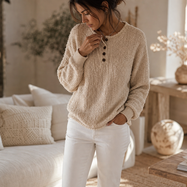 Autumbre Chunky Knit Button Henley Sweater - Elena Harper