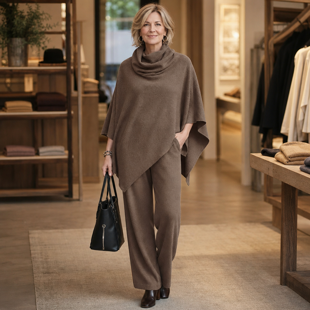 Draveil Cowl-Neck Cape Top And Wide-Leg Pants Set - Elena Harper