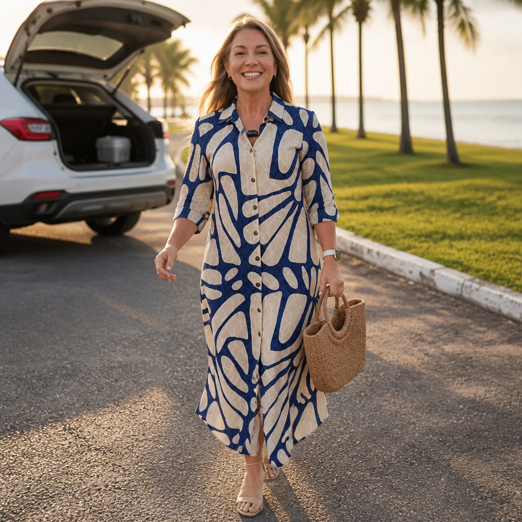 Easewear Geometric Midi Dress That Skims, Not Clings - Elena Harper