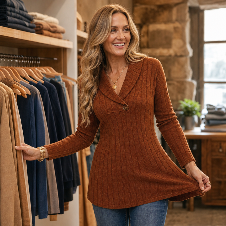 Curvella Ribbed V-Neck Slim Fit Knit Top - Elena Harper