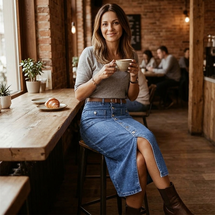 Denara Button-Front Denim Pencil Skirt - Elena Harper