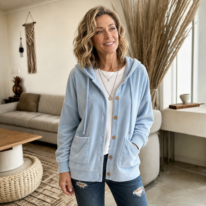 Coziva Hooded Button-Front Velour Cardigan - Elena Harper