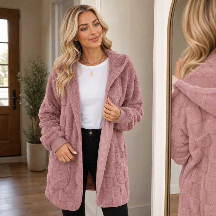 Checkora Fluffy Checked Open-Front Cardigan - Elena Harper