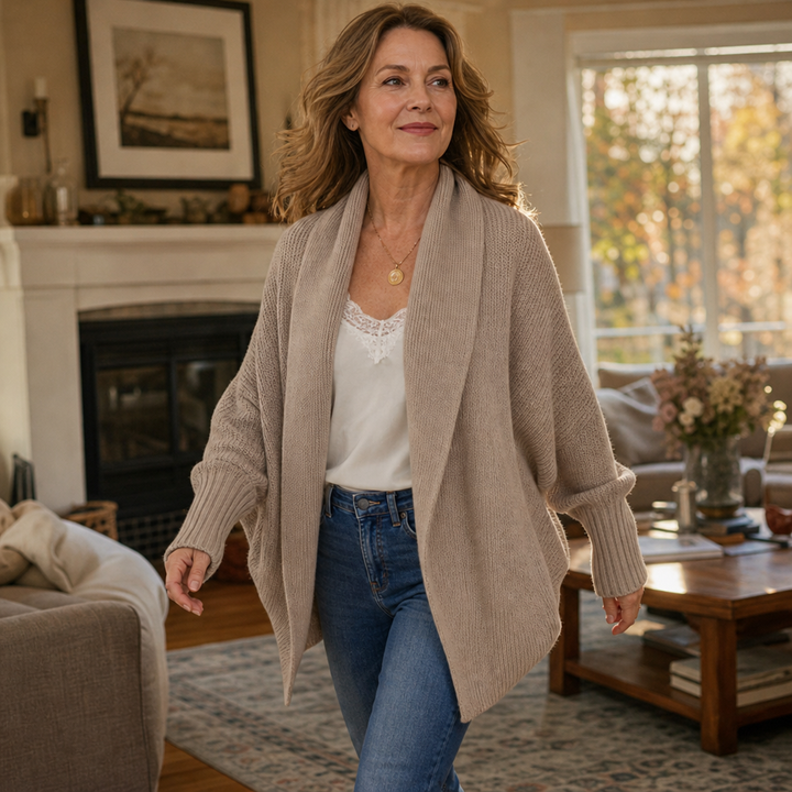 Drapeelle – Crochet-Look Open-Front Batwing Cardigan