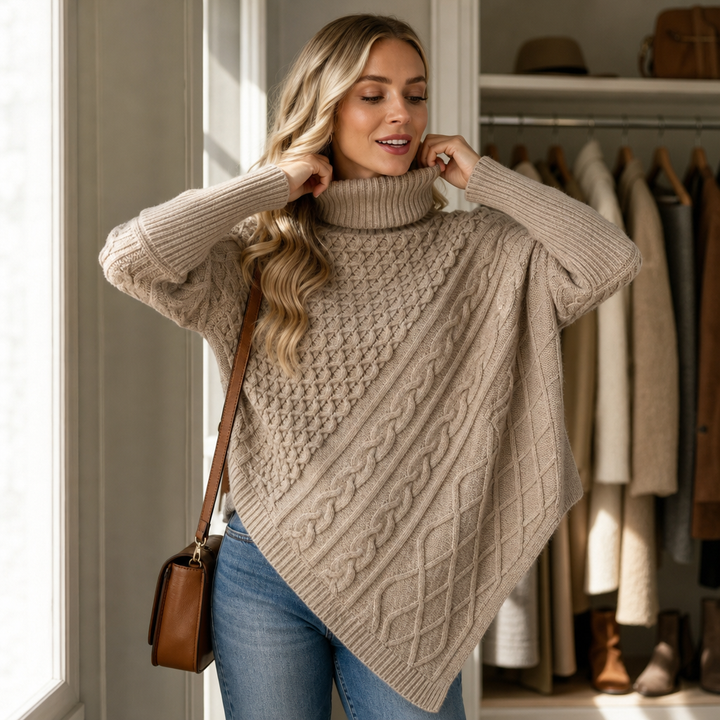 Cablelle Asymmetric Cable-Knit Turtleneck Poncho - Elena Harper