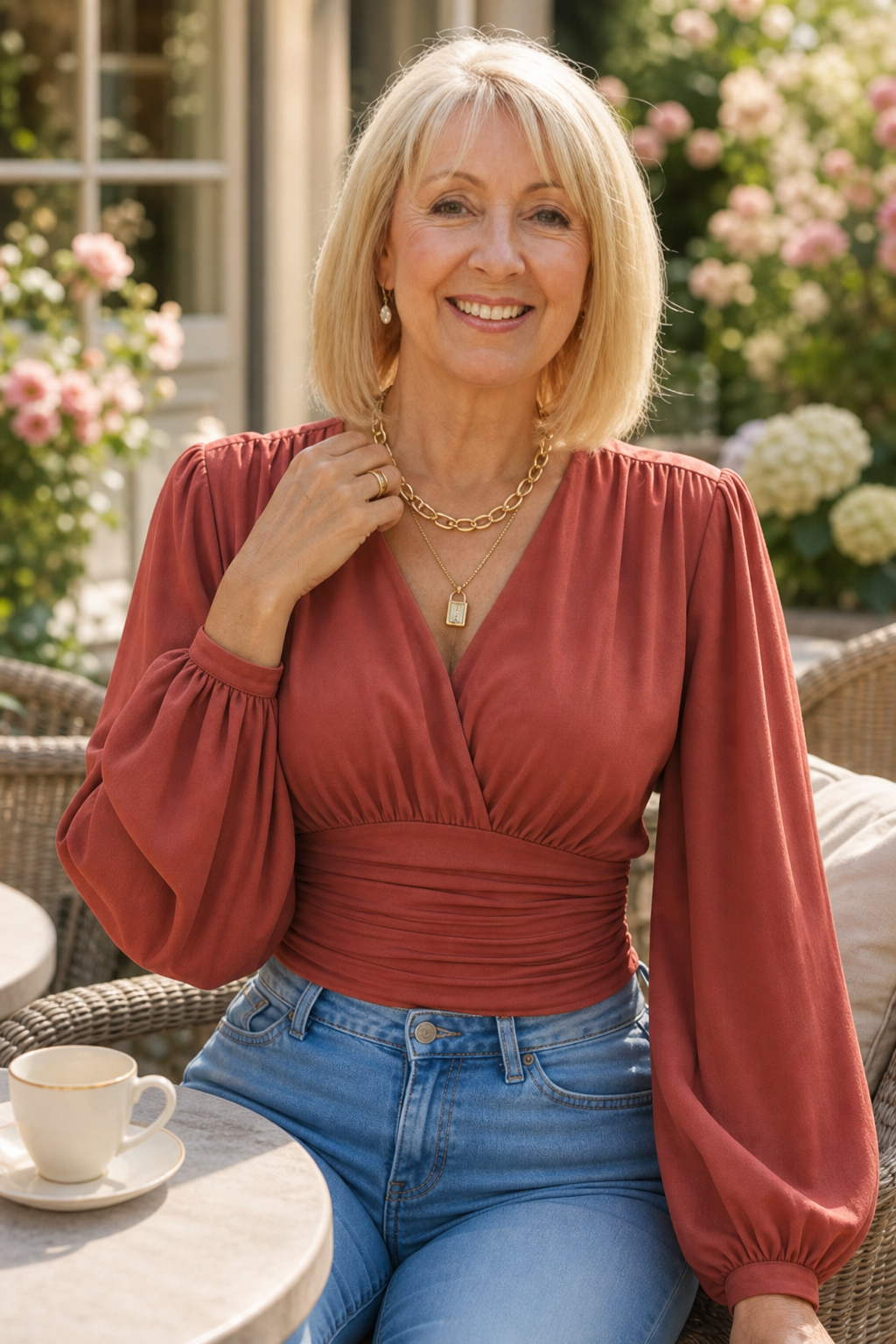 Cinchelle Ruched Waist Puff Sleeve Chiffon Look Blouse - Elena Harper