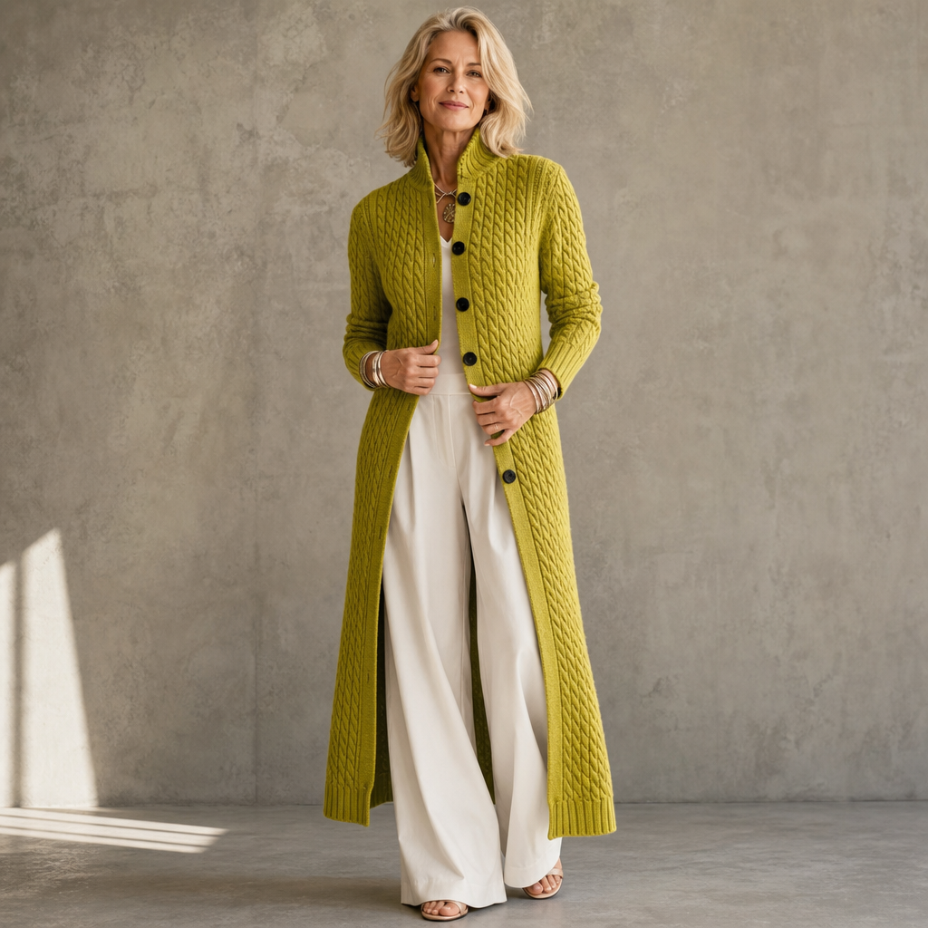 Cablemere High Collar Cable-Knit Duster Cardigan - Elena Harper