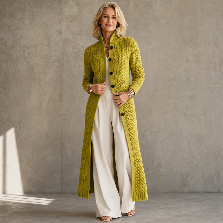 Cablemere High Collar Cable-Knit Duster Cardigan - Elena Harper
