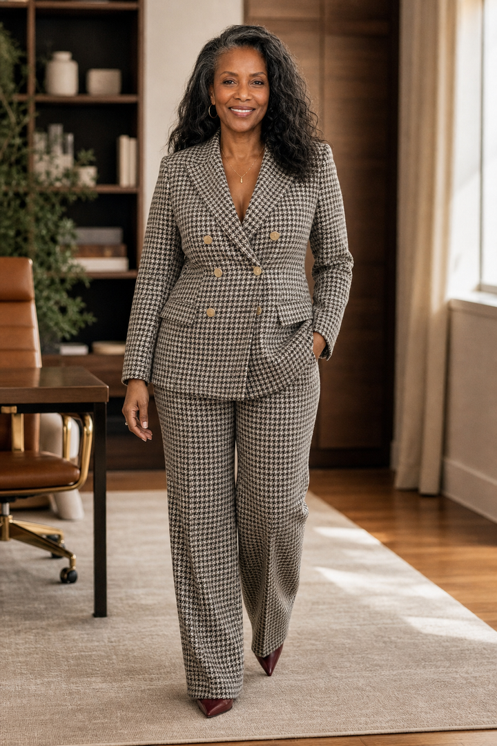 Composure Plaid Double-Breasted Blazer & Wide-Leg Pants Set - Elena Harper