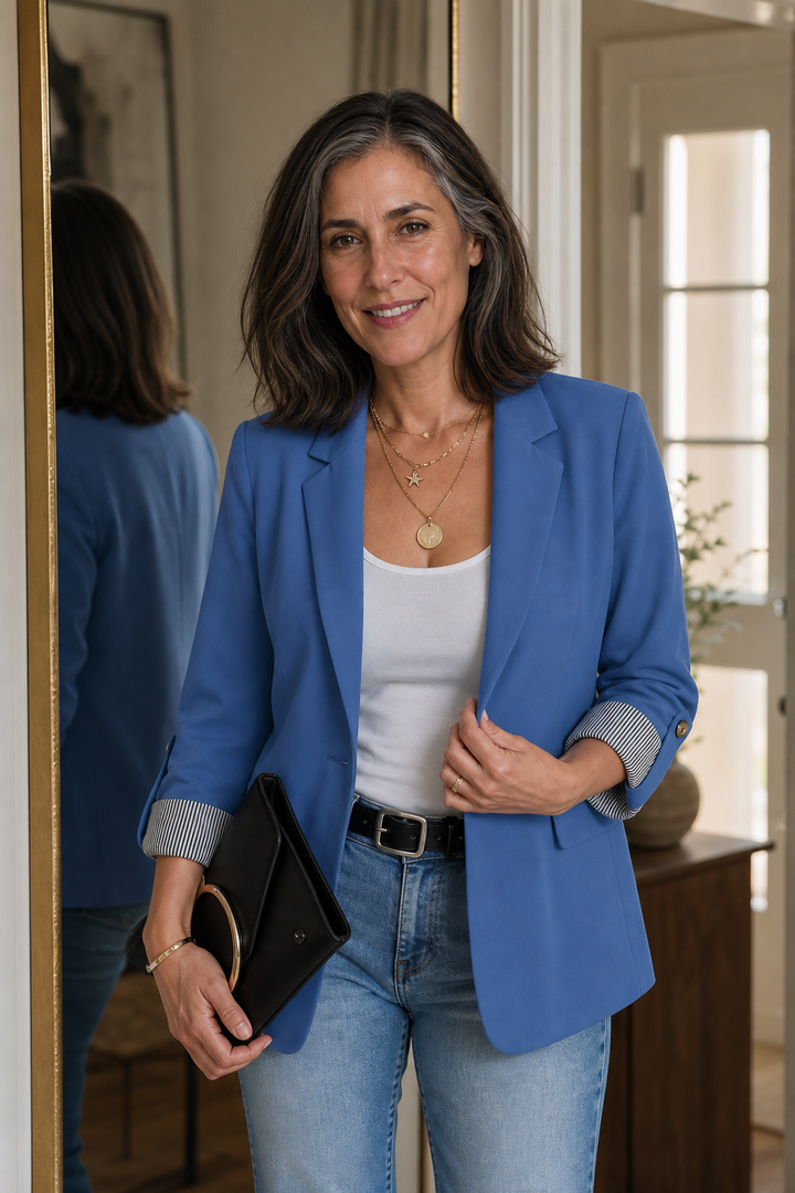 Cuffley Striped-Cuff Roll-Sleeve Tailored Blazer - Elena Harper