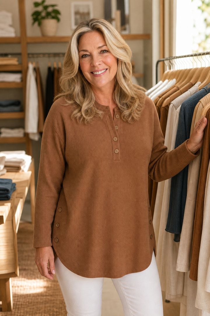 Corduvie Button-Up Corduroy-Look Henley Top - Elena Harper