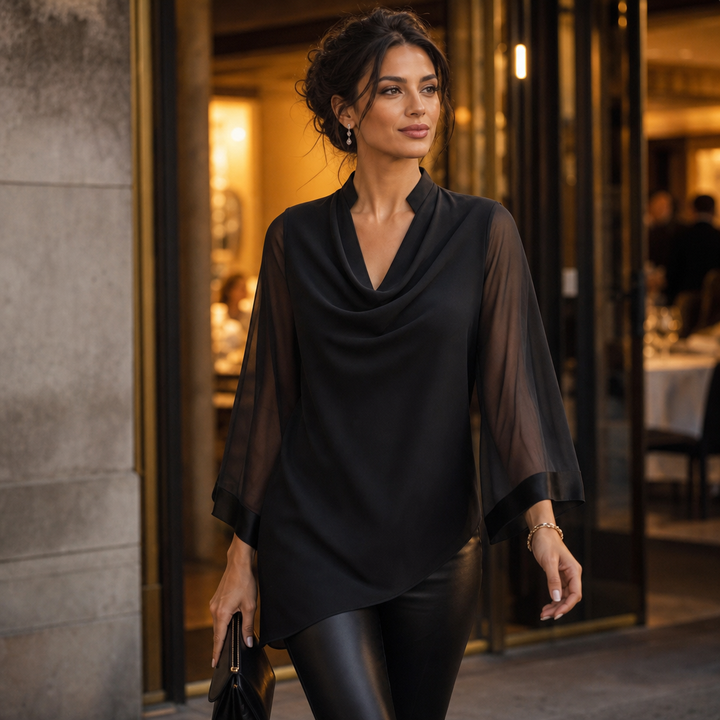 Cowlora – Cowl Neck Sheer Sleeve Asymmetrical Blouse