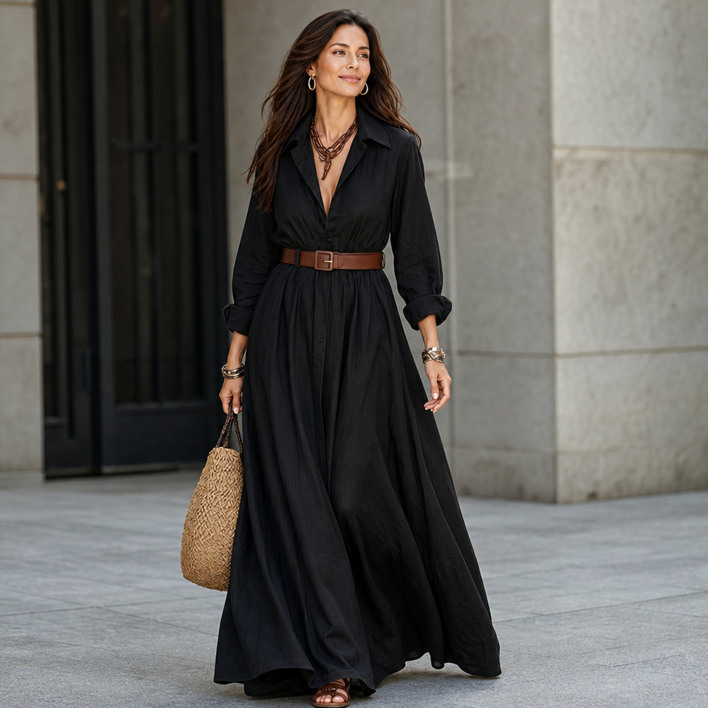 Beltelle – Long-Sleeve Belted Maxi Shirt Dress
