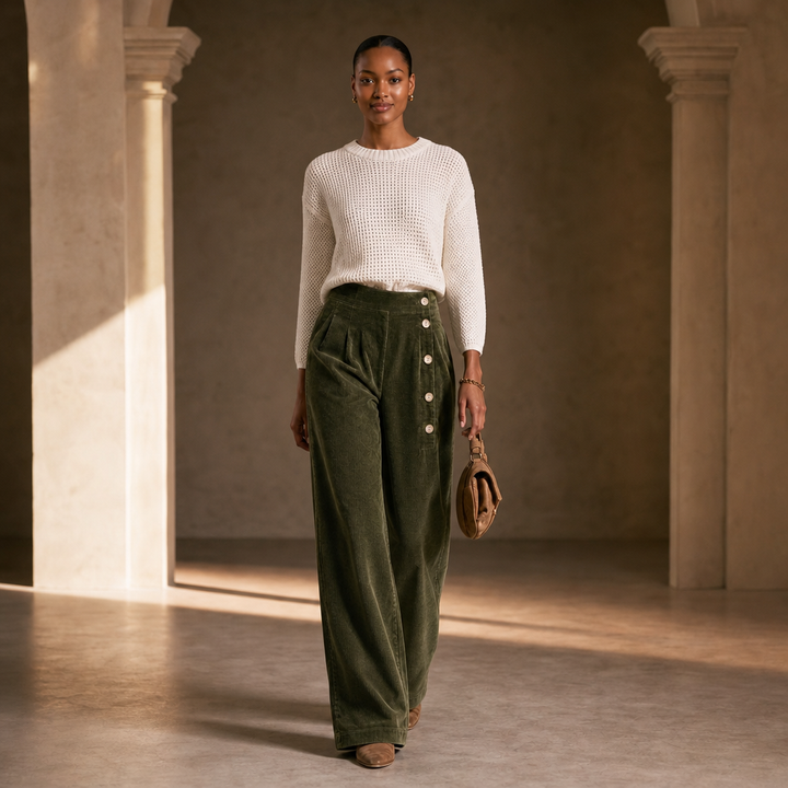 Cordelle – Asymmetrical Button-Front Pleated Wide-Leg Pants