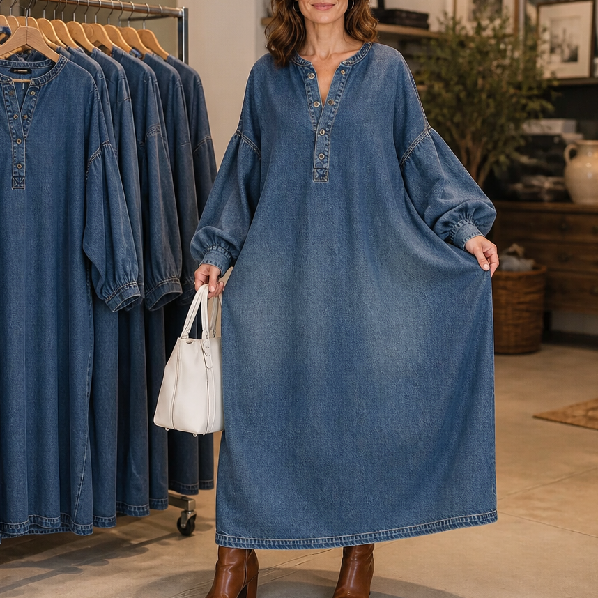 Denara Lantern Sleeve Half-Button Denim Maxi Dress - Elena Harper