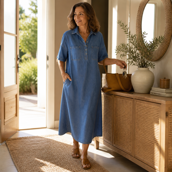 Denimly Pocketed Shirt Collar Denim Midi Dress - Elena Harper