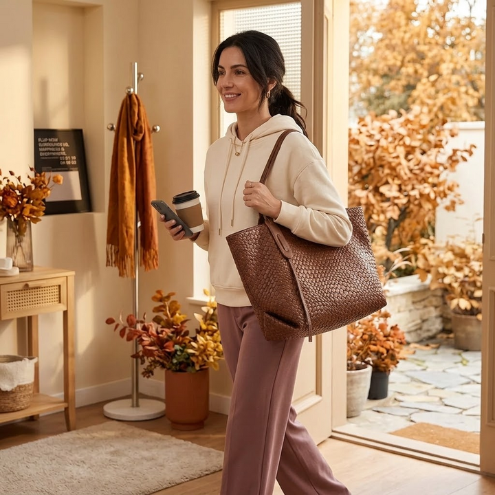 Ardenna Woven Faux Leather Tote - Elena Harper