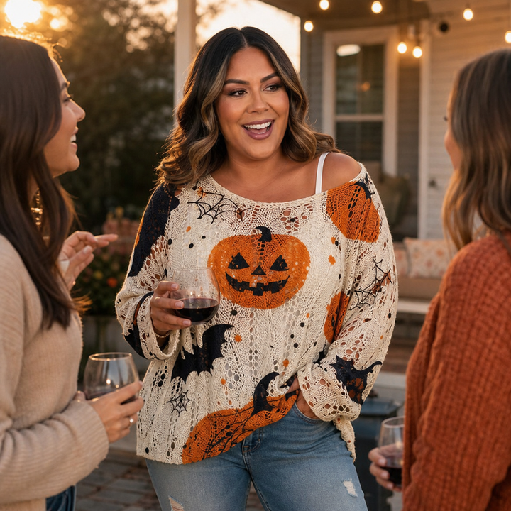 Amberknit Open-Knit Crochet Pumpkin Sweater - Elena Harper