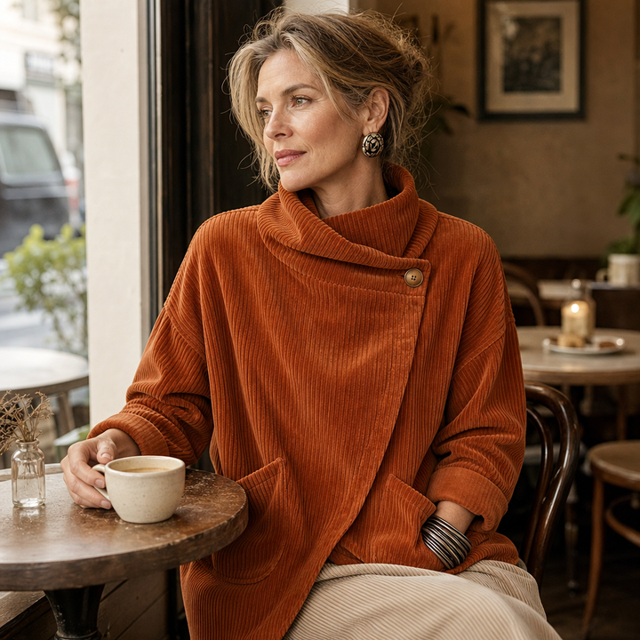Draperie Asymmetric Button-Wrap Corduroy Top - Elena Harper
