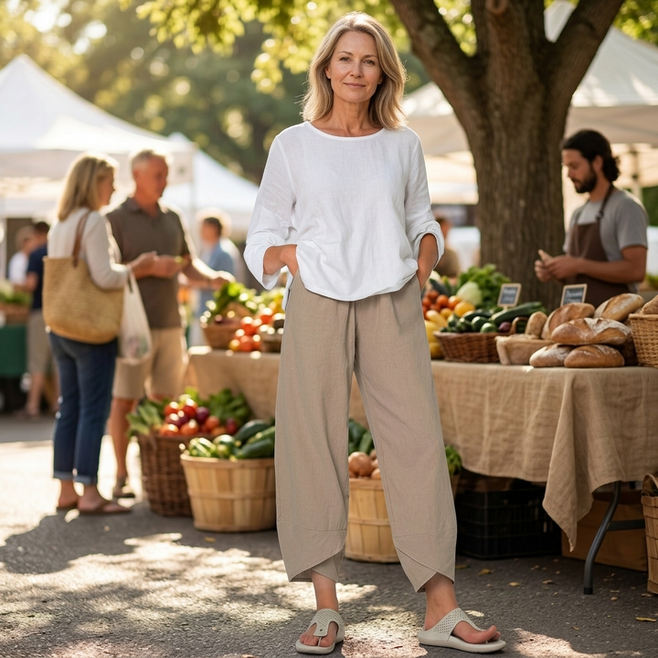 Brezia Women's Asymmetric Linen Blend Cropped Pants - Elena Harper