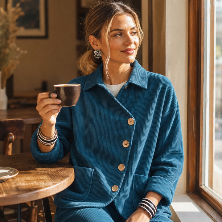 Corfield Diagonal Button Ribbed Corduroy Shacket - Elena Harper