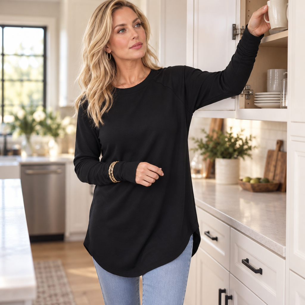 Cozelle Thumbhole Cuff Side-Split Knit Top - Elena Harper