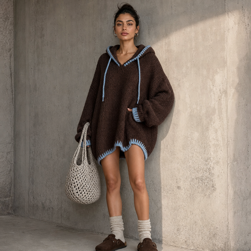 Cozyline Contrast-Trim Hooded Sweater Dress - Elena Harper