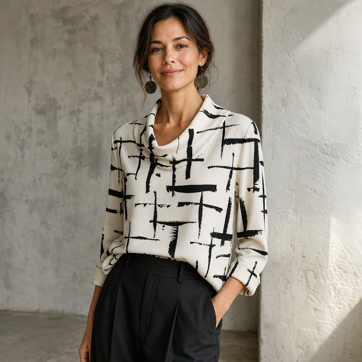 Cowlina Cross-Print Cowl-Neck 3/4-Sleeve Blouse - Elena Harper