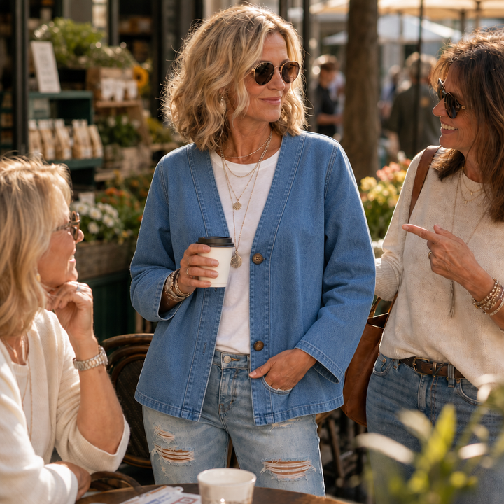 Drapella Collarless Soft-Denim-Look Button-Down Cardigan - Elena Harper