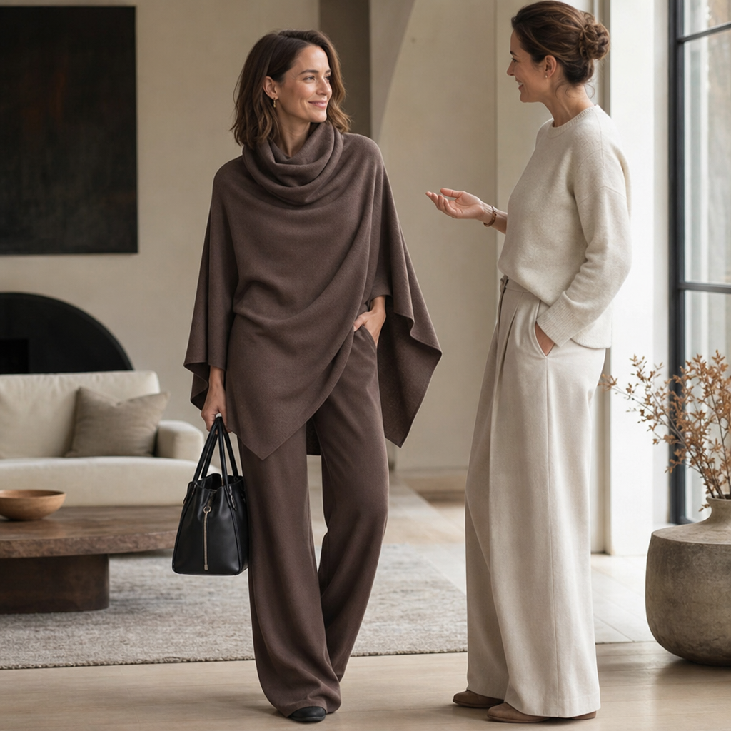 Draperie Cowl-Neck Cape Top And Wide-Leg Trousers Set - Elena Harper
