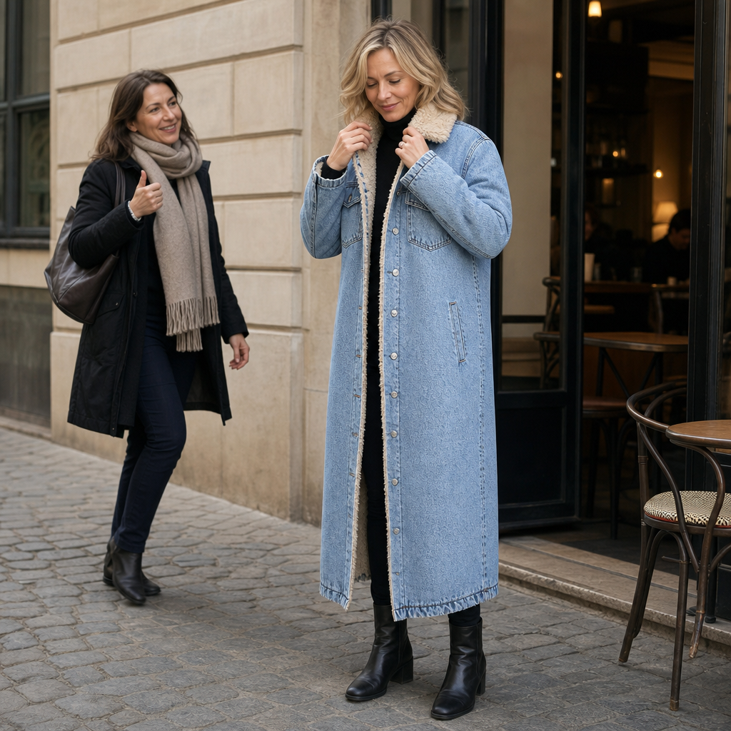 Denora Sherpa-Lined Full-Length Denim Coat - Elena Harper
