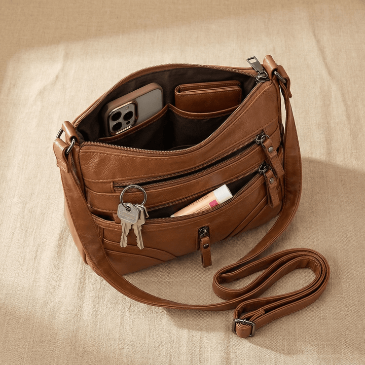 Caressa Soft Leather Multi Pocket Crossbody Bag - Elena Harper