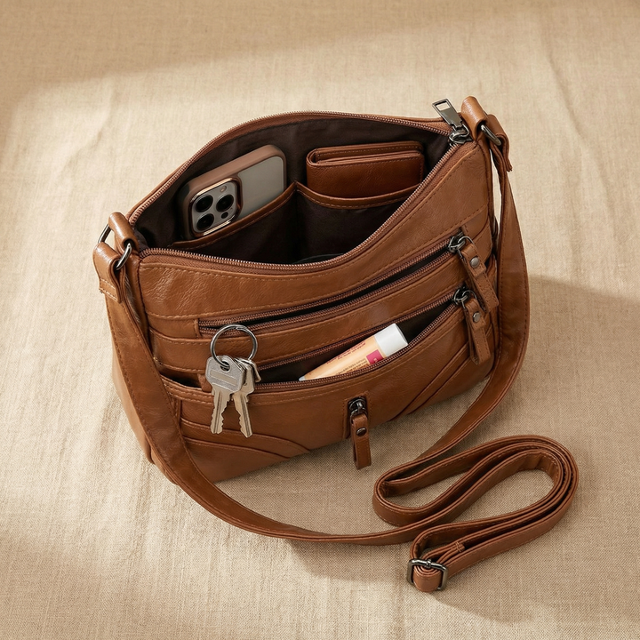 Caressa Soft Leather Multi Pocket Crossbody Bag - Elena Harper