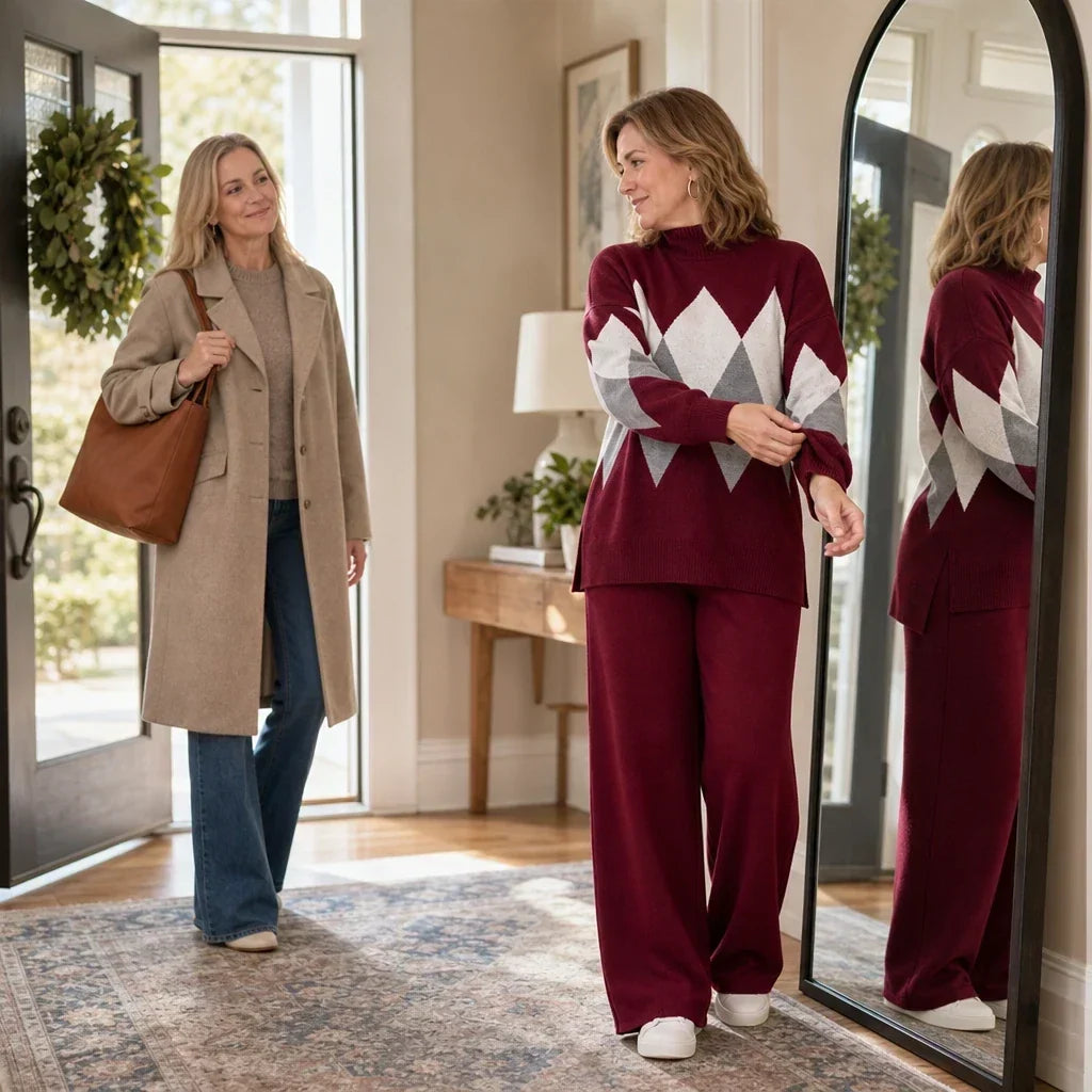Argyle Ease Argyle Knit Sweater And Wide-Leg Trouser Set - Elena Harper