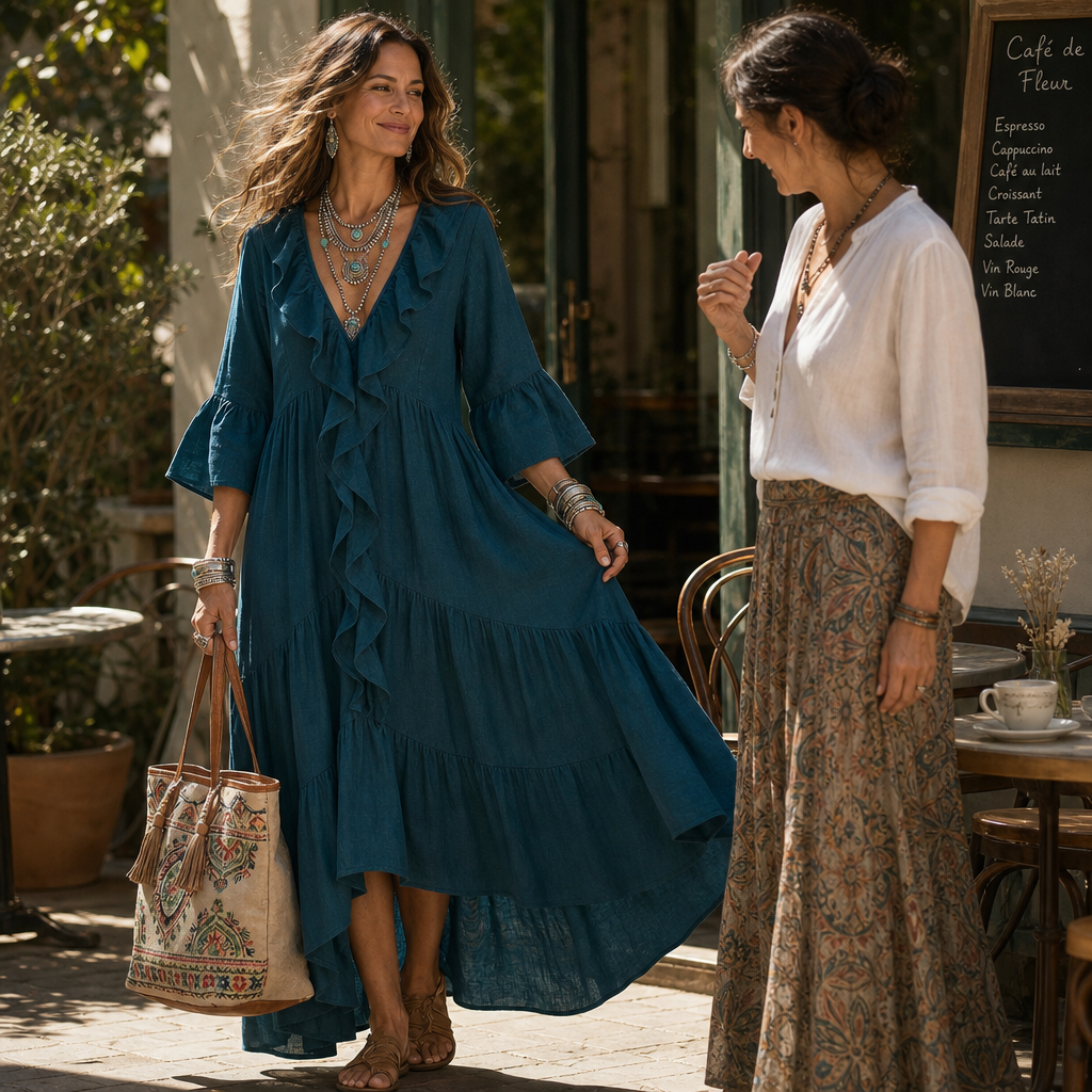 Cascada High-Low Ruffle V-Neck Bell Sleeve Dress - Elena Harper